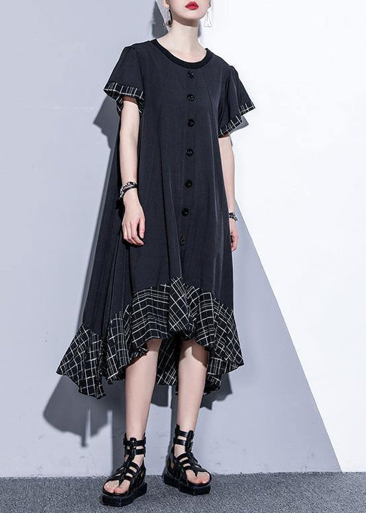 Loose black cotton quilting clothes patchwork plaid hem summer Dress - SooLinen