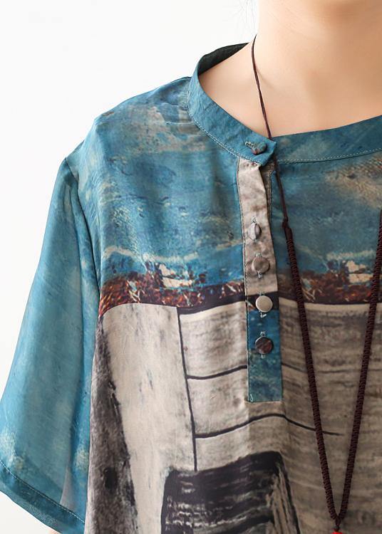 Loose blue gray print chiffon Wardrobes Korea Work o neck asymmetric A Line summer Dress - SooLinen