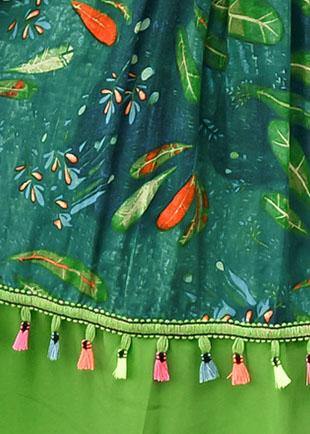 Loose green print cotton Tunics o neck patchwork tassel Art summer Dresses - SooLinen