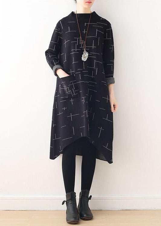 Loose high neck fallclothes linen black plaid Dress - SooLinen