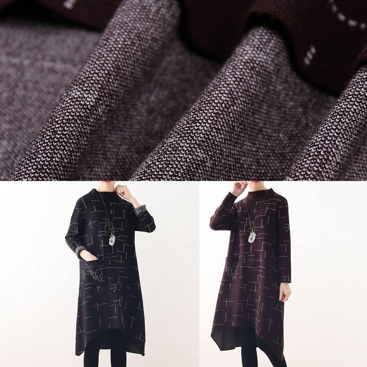 Loose high neck fallclothes linen black plaid Dress - SooLinen