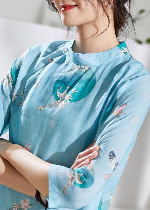 Loose light green print linen dress stand collar patchwork Knee Dress - SooLinen