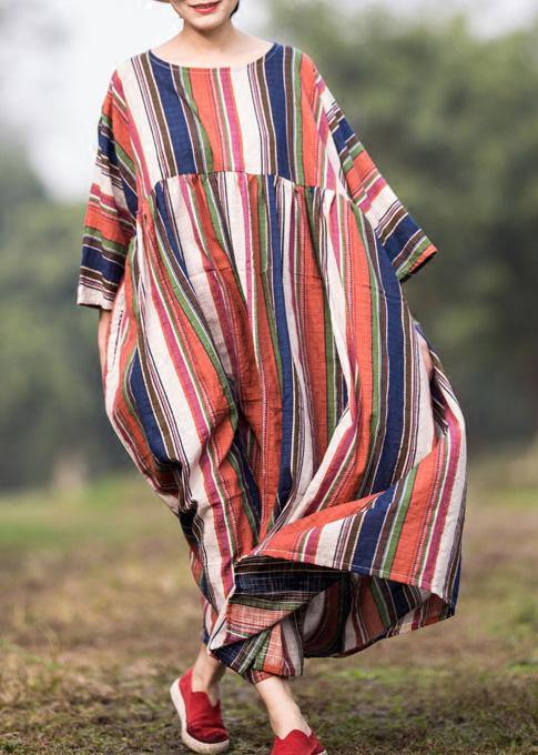 Loose multicolor striped cotton clothes exra large hem o neck Maxi summer Dresses - SooLinen
