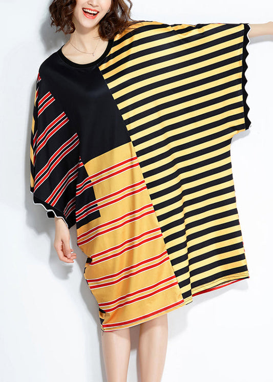 Loose multicolor striped silk blended clothes Women plus size linen patchwork Summer Dress