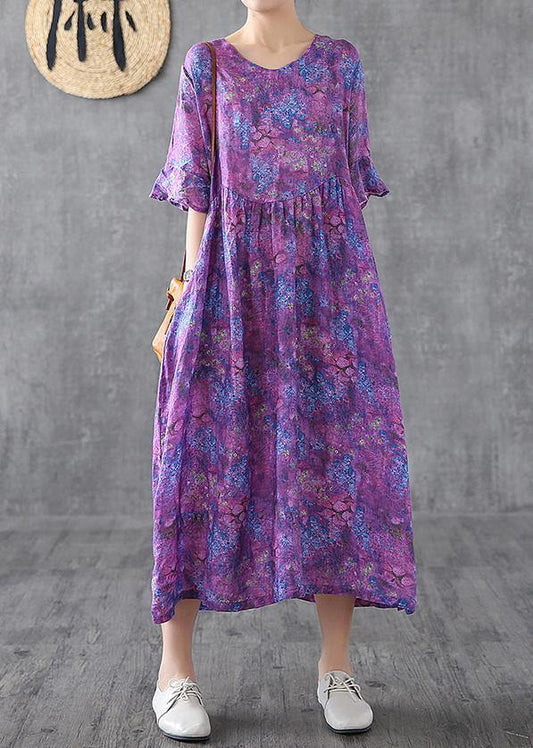 Loose o neck Petal Sleeve linen Robes Fashion Ideas purple print Dress summer - SooLinen