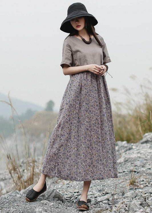 Loose patchwork linen Long Shirts Neckline gray Dress summer - SooLinen