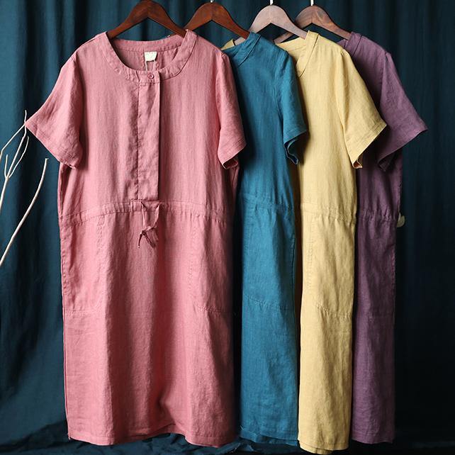 Loose purple Tunics o neck drawstring loose Dress - SooLinen