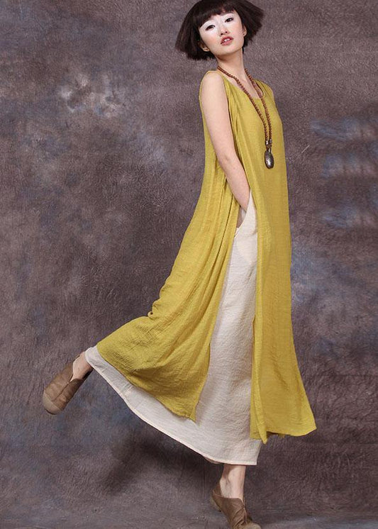 Loose sleeveless linen clothes For Women Sewing yellow Dresses summer - SooLinen