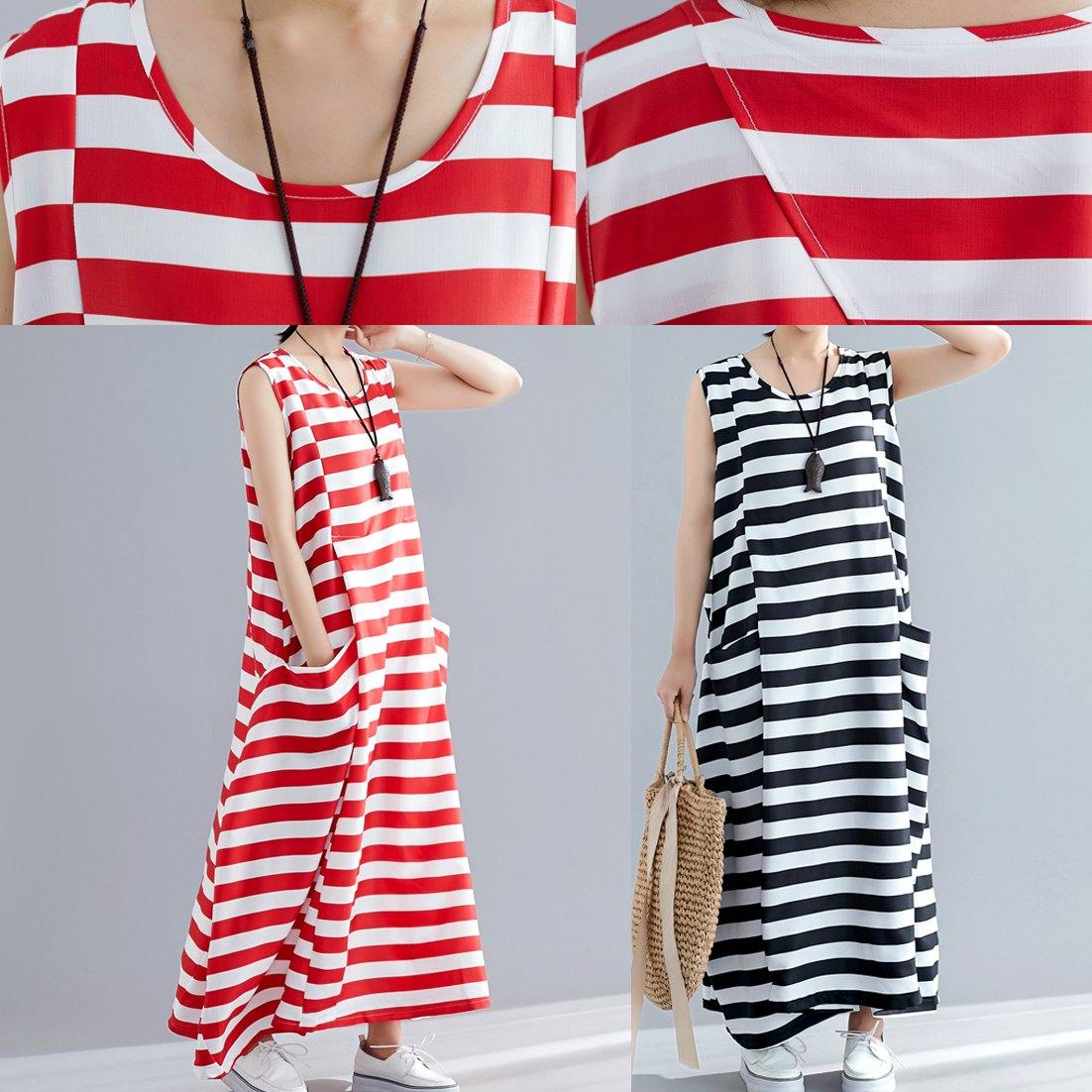 Loose sleeveless o neck black striped cotton robes Dress summer - SooLinen