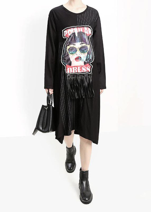 Loose tassel cotton patchwork quilting clothes pattern black prints A Line Dresses - SooLinen