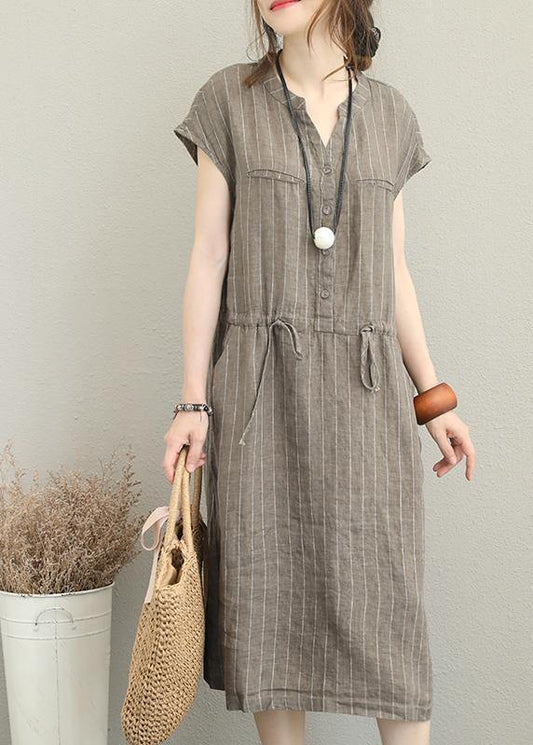 Loose v neck drawstring linen summer Robes Neckline kahki striped Dresses - SooLinen