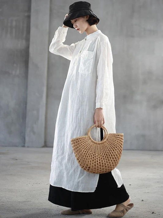 Loose white linen quilting clothes stand collar side open Art Dresses - SooLinen