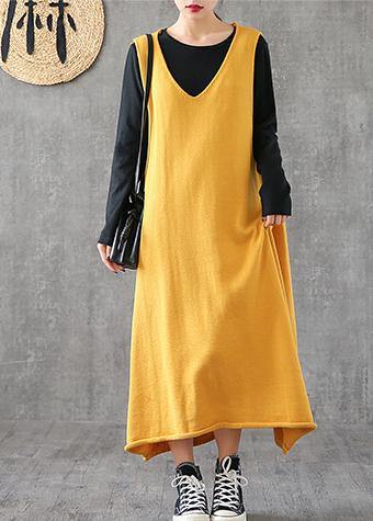 Loose yellow clothes Women v neck sleeveless loose Dress - SooLinen
