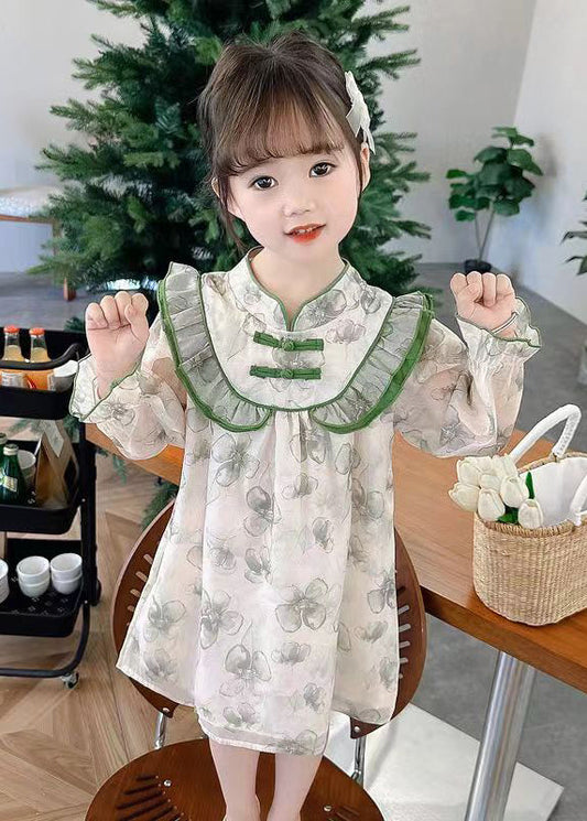 Lovely Green Ruffled Print Cotton Girls Dress Long Sleeve