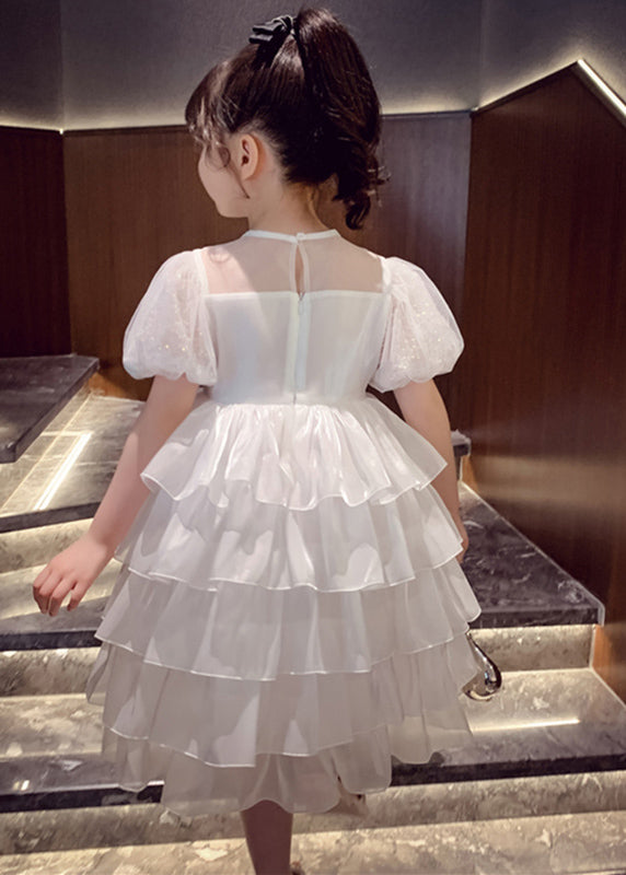 Lovely White Patchwork Sequins Tulle Kids Long Cake Dresses Summer
