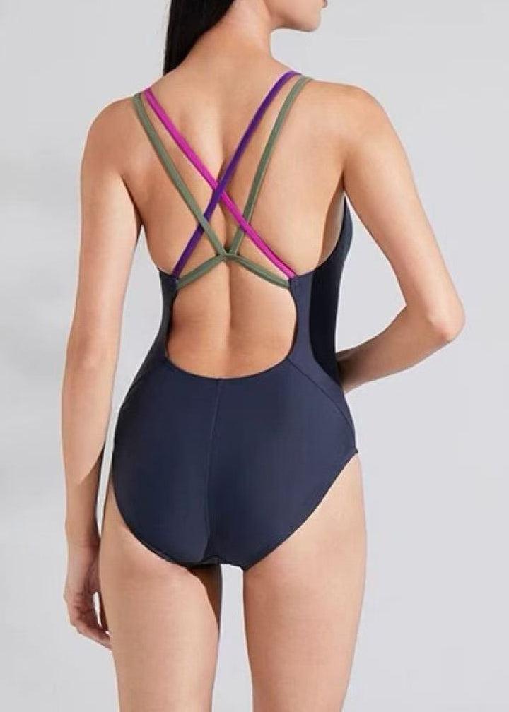 Luxury Purple Backless Cross Strap Swimwear Bodysuit Tops