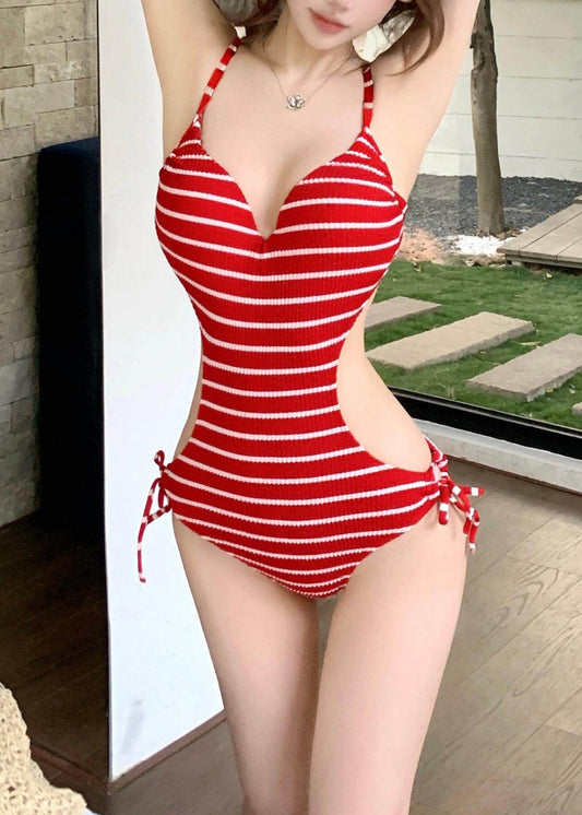 Luxury Red Striped Silm Fit Swimwear Bodysuit Tops