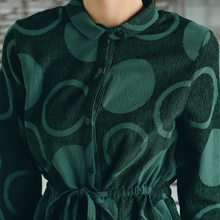 Luxury blackish green dotted maxi coat casual Jacquard Peter pan Collar Fine baggy dresses