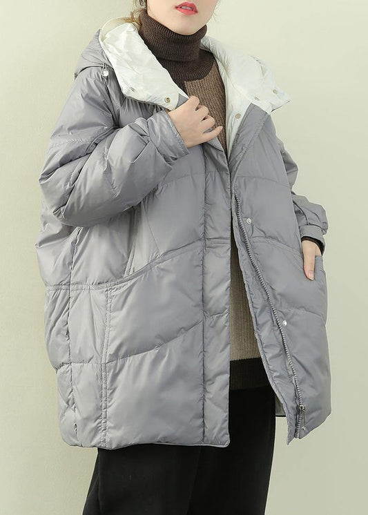 Luxury gray blue duck down coat plus size winter jacket hooded zippered coats - SooLinen