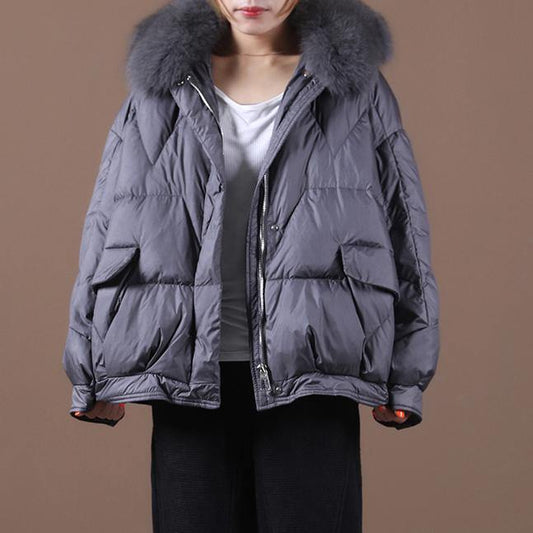 Luxury gray down jacket woman Loose fitting winter fur collar zippered hooded New Jackets - SooLinen