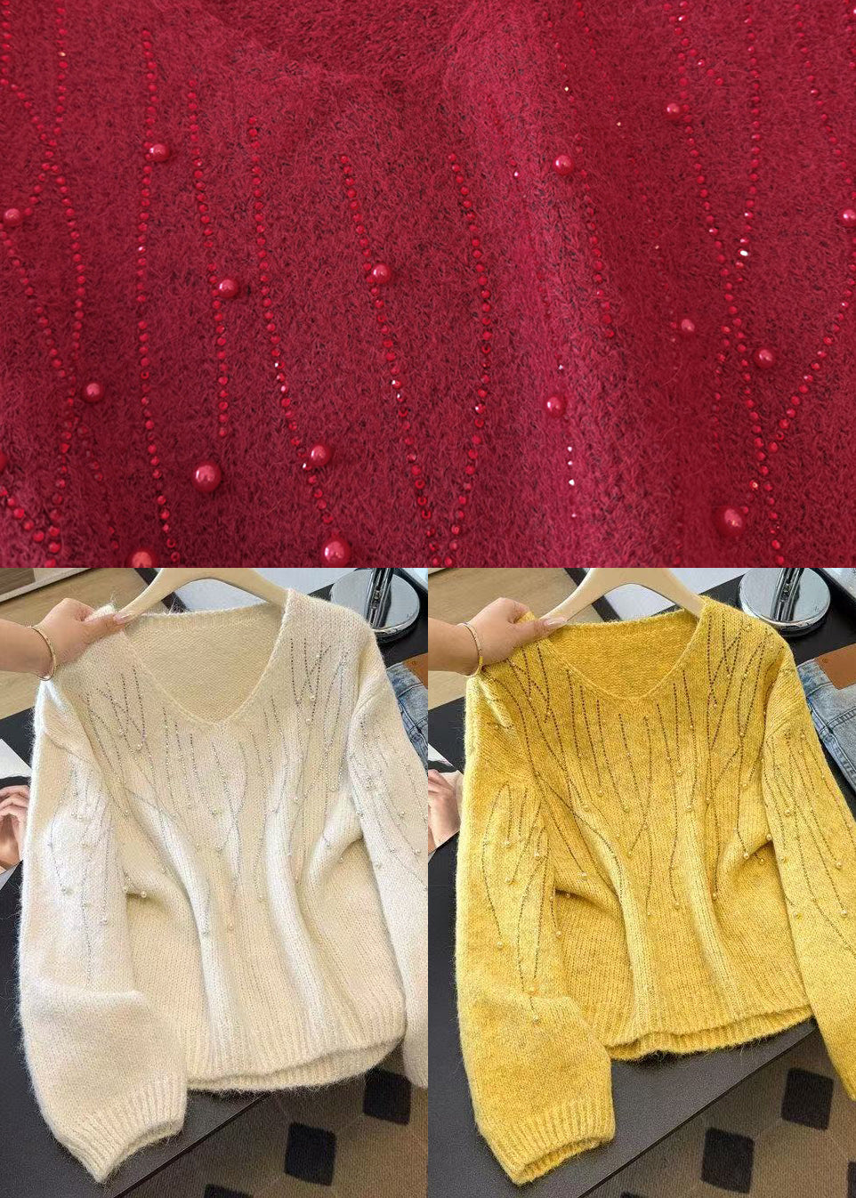 Modern Beige Oversized Nail Bead Knit Short Sweater Winter