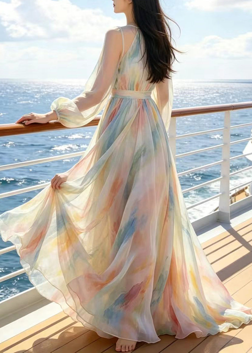 Modern Beige Tie Dye Exra Large Hem Chiffon Holiday Dress Summer