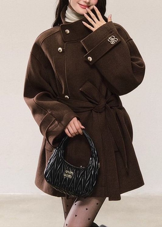 Modern Beige Tie Waist Pockets Solid Woolen Coat Fall