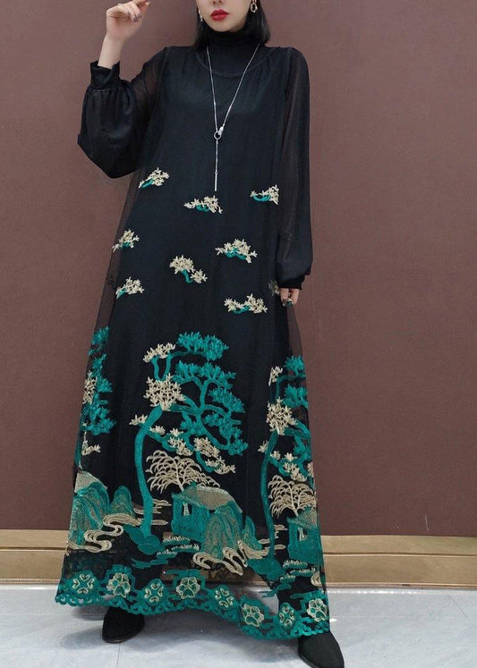 Modern Black Embroidery Dresses Stand Collar Patchwork Tulle Vestidos De Lino Spring Dress - SooLinen