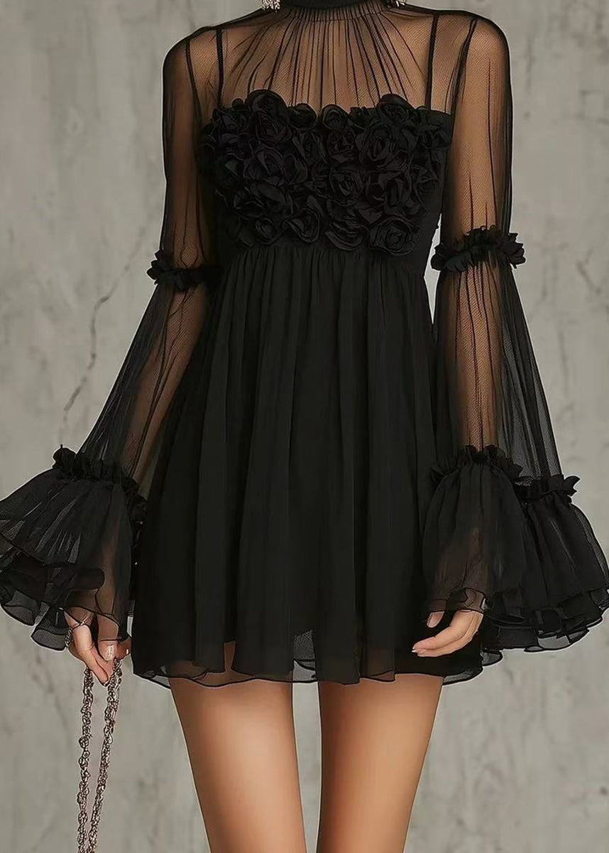 Modern Black Hign Neck Stereoscopic Floral Sheer Mesh Mini Dresses Long Sleeve