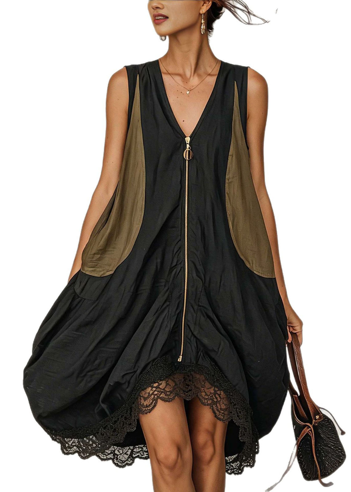 Modern Black Oversized Patchwork Lace Day Dress Summer