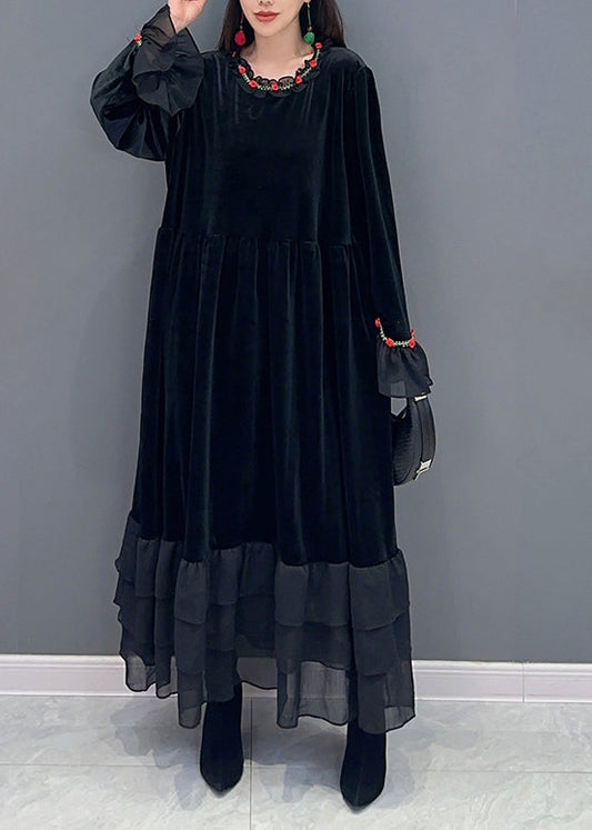 Modern Black Oversized Patchwork Silk Velvet Holiday Dress Spring
