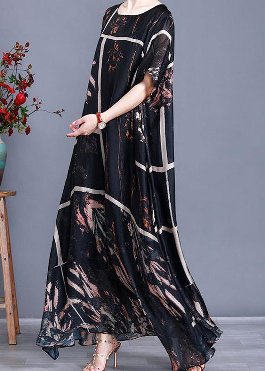 Modern Black Print Satin Maxi Dress Plus Size Patchwork Caftan - SooLinen