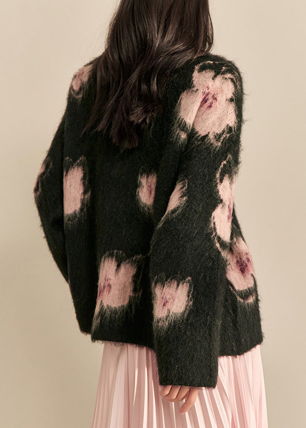 Modern Black V Neck Print Cotton Knit Cardigan Spring