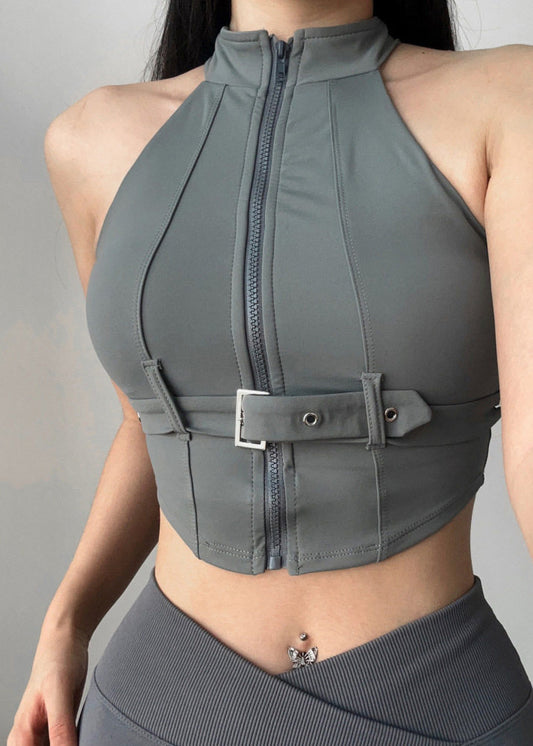 Modern Black Zip Up Sports Bra Tank Top