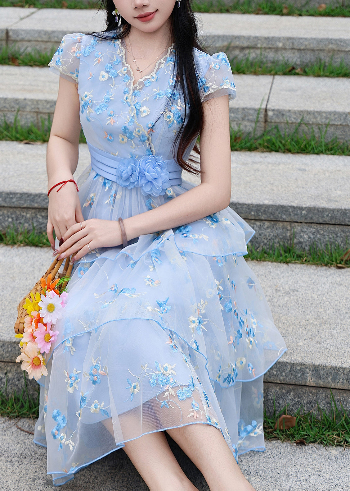 Modern Blue Embroidered Floral Tulle Dress Summer
