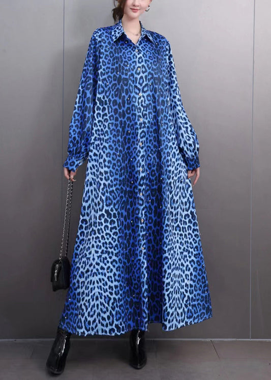 Modern Blue Leopard Print Button Maxi Shirts Dress Lantern Sleeve
