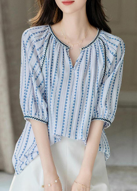 Modern Blue O-Neck Chiffon Print Shirts Puff Sleeve