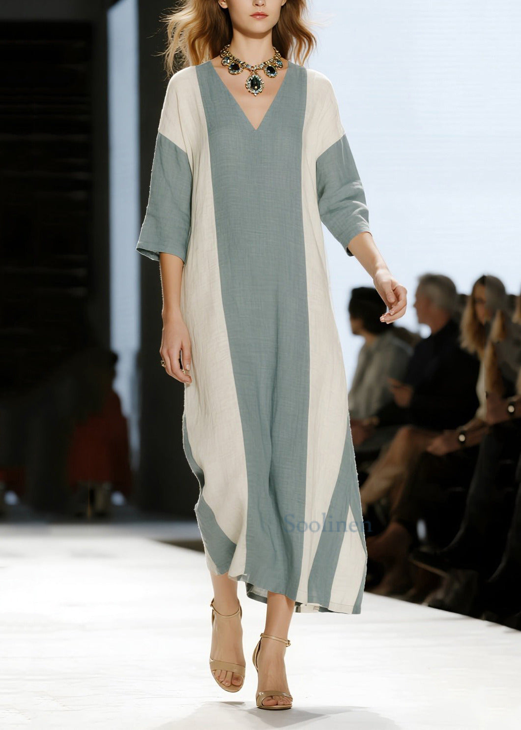 Modern Blue V Neck Patchwork Cotton Maxi Dress Half Sleeve