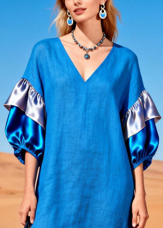 Modern Blue V Neck Patchwork Linen Straight Dress Lantern Sleeve