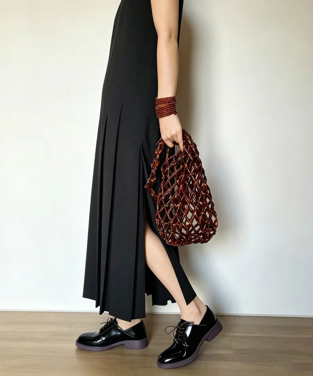 Modern Brown Beaded Woven Cut Out Shoulder Bag