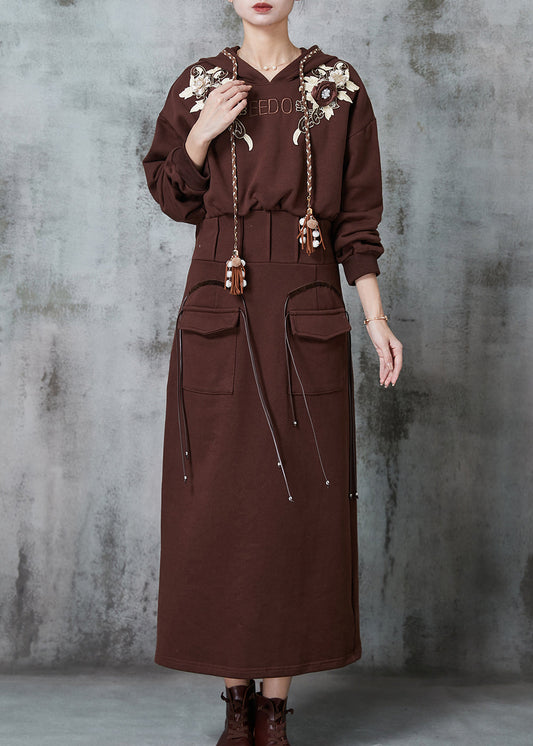 Modern Brown Embroidered Floral Cotton Sweatshirt Dress Spring
