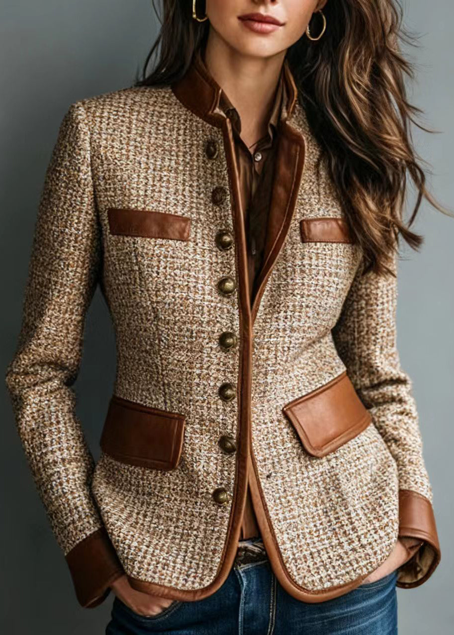 Modern Brown Faux Leather Patchwork Cotton Coats Fall