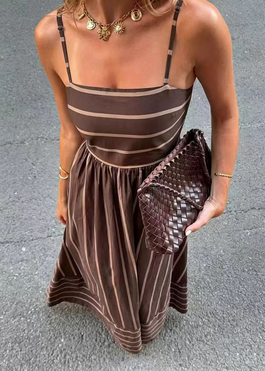 Modern Brown Striped Exra Large Hem Cotton Dress Summer
