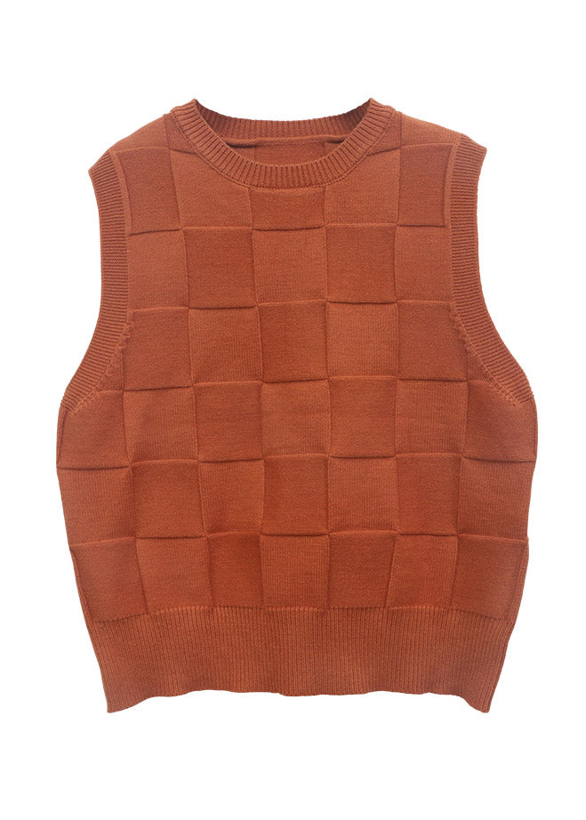 Modern Caramel O Neck Plaid Knit Vest Tops Sleeveless
