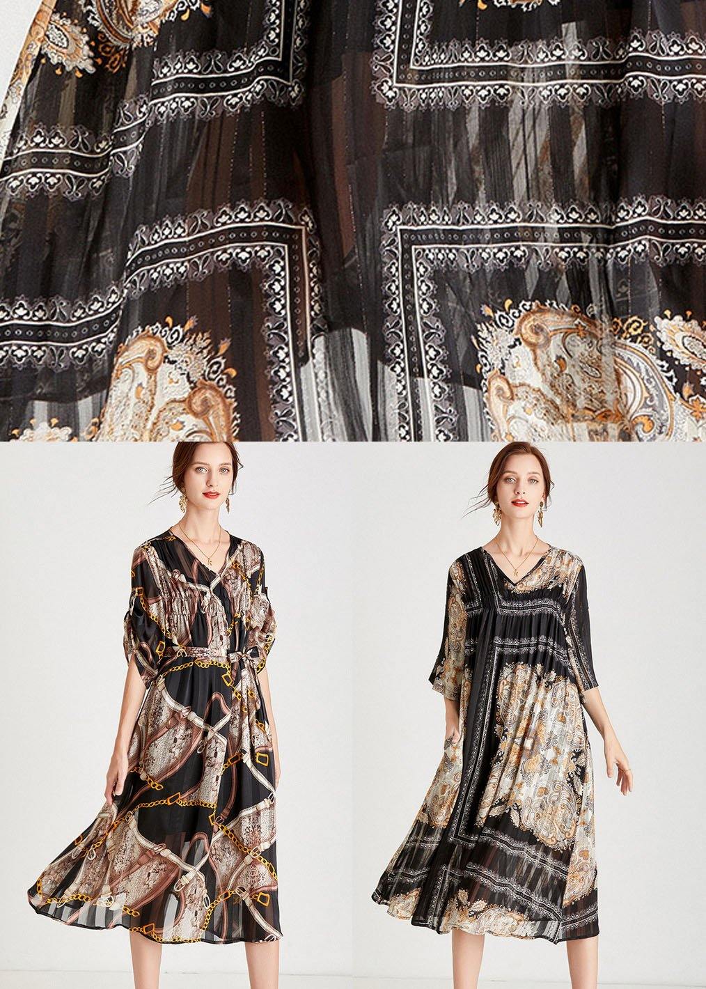 Modern Chains Black Tie Waist A Line Fall Chiffon Half Sleeve Vacation Dress - SooLinen