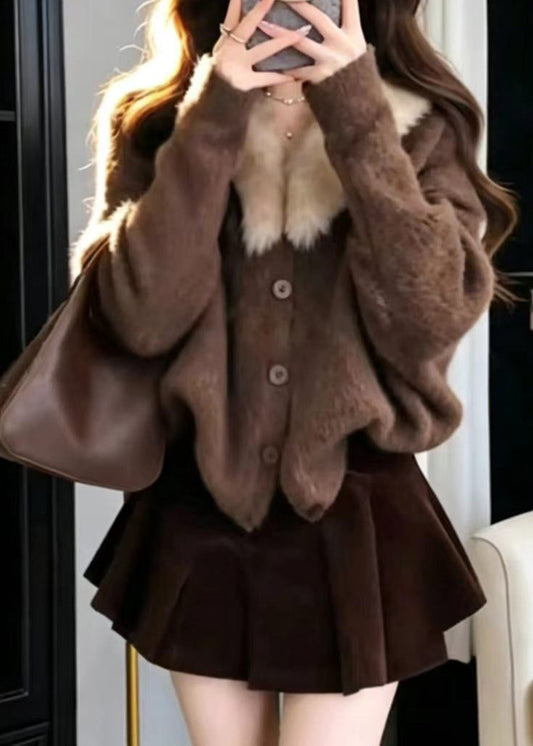 Modern Coffee Furry Collar Knit Cardigan And Skirt Two Piece Set Fall