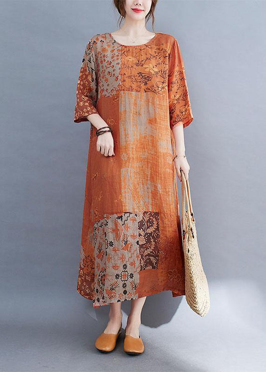 Modern Color Block Loose O-Neck Print Summer Side Open Dress Half Sleeve - SooLinen