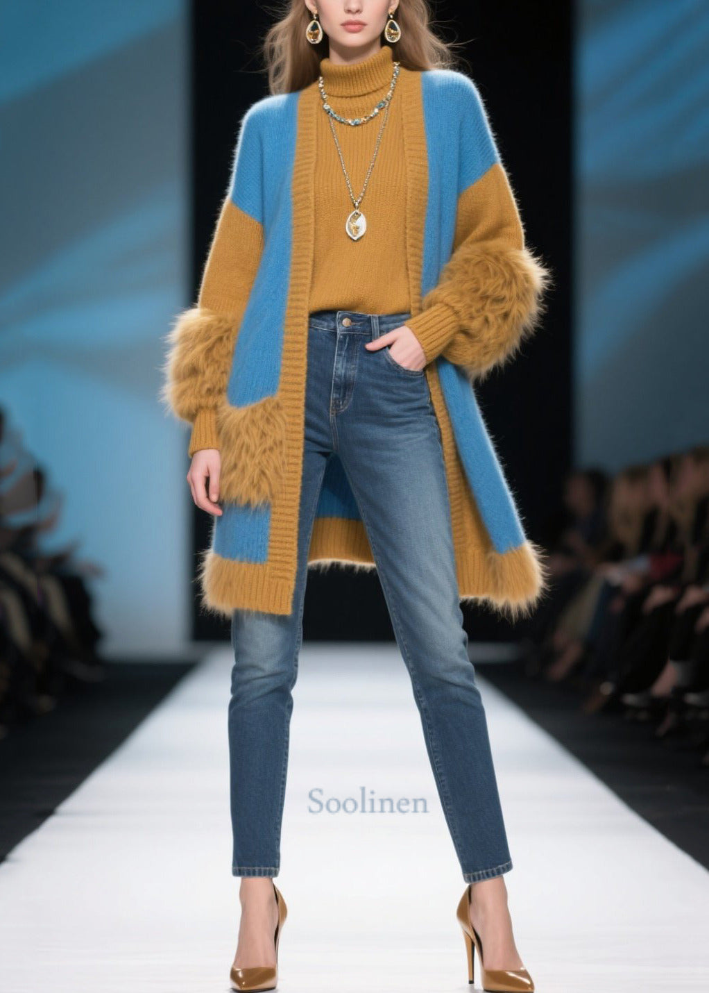 Modern Colorblock Oversized Patchwork Faux Fur Knit Cardigans Winter