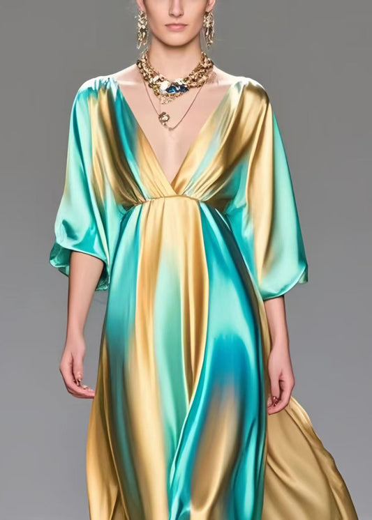 Modern Colorblock V Neck Tie Dye Silk Vacation Dresses Summer