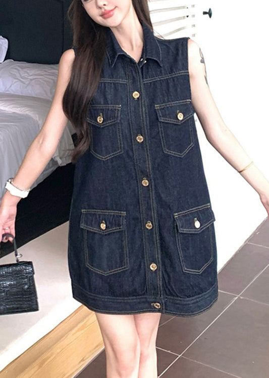 Modern Denim Blue Peter Pan Collar Patchwork Pockets Mid Dress Sleeveless
